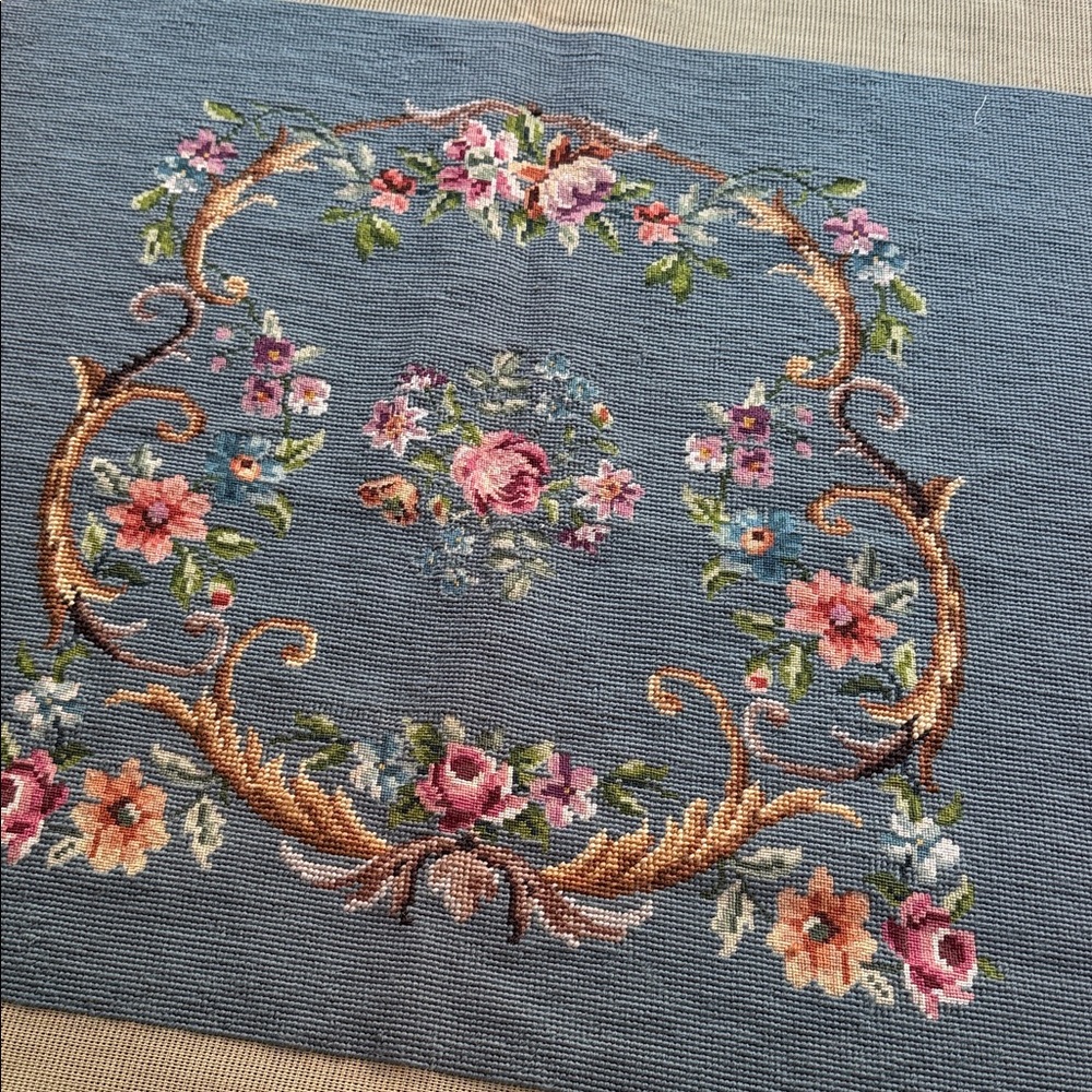 Floral Embroidered Vintage Handmade Floral Art in Blue